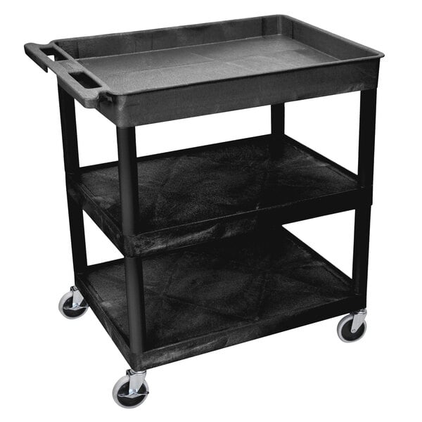 A black plastic Luxor utility cart with 2 shelves and wheels.