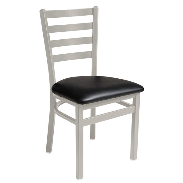 A BFM Seating Lima steel side chair with a black cushion.