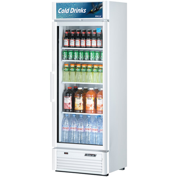 A Turbo Air white refrigerated merchandiser with bottles of soda inside.