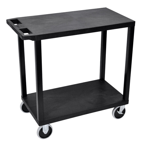 A black Luxor heavy-duty utility cart with 2 flat shelves and wheels.
