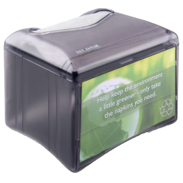 A black San Jamar Fullfold napkin dispenser with a green and white label.