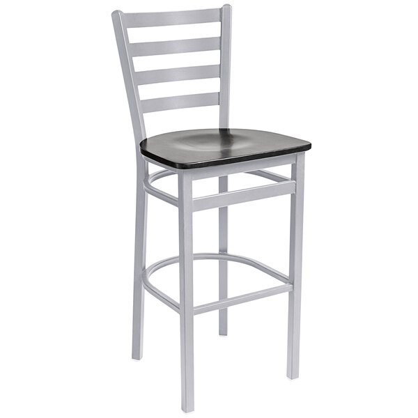 A BFM Seating Lima silver mist steel bar stool with a black wooden seat.