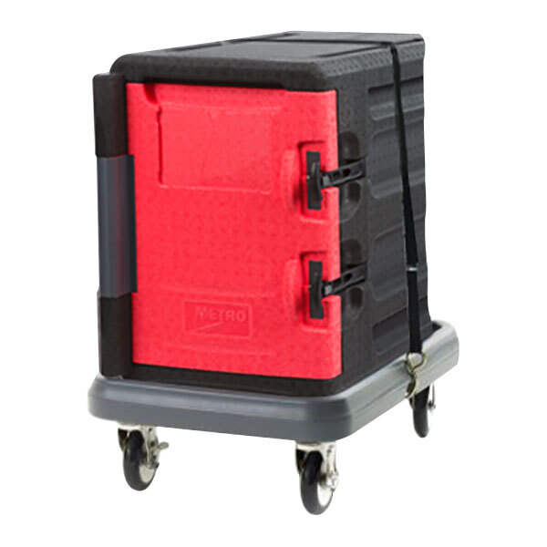 A red and black Metro Mightylite front loading insulated pan carrier kit on wheels.