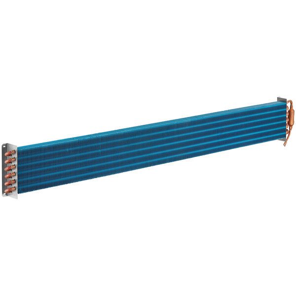 A blue and copper rectangular evaporator coil.