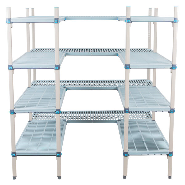 A white MetroMax shelving unit with blue shelves and S-hooks.