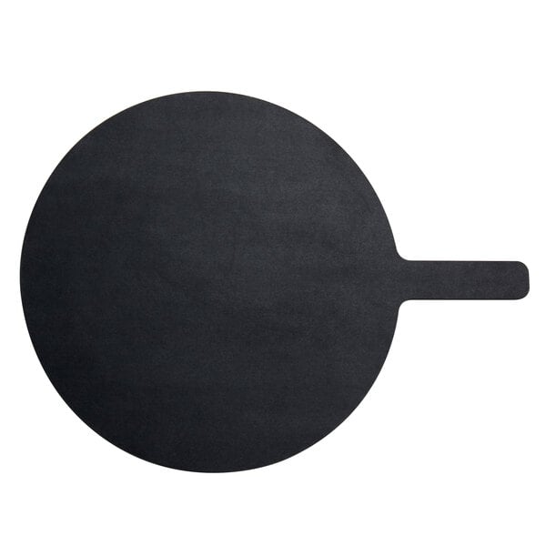 An American Metalcraft black round pizza peel with a handle.