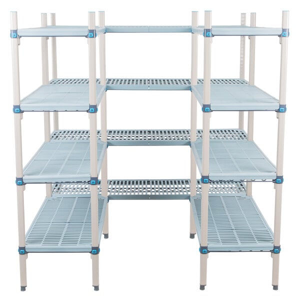 A white MetroMax shelving unit with blue shelves.