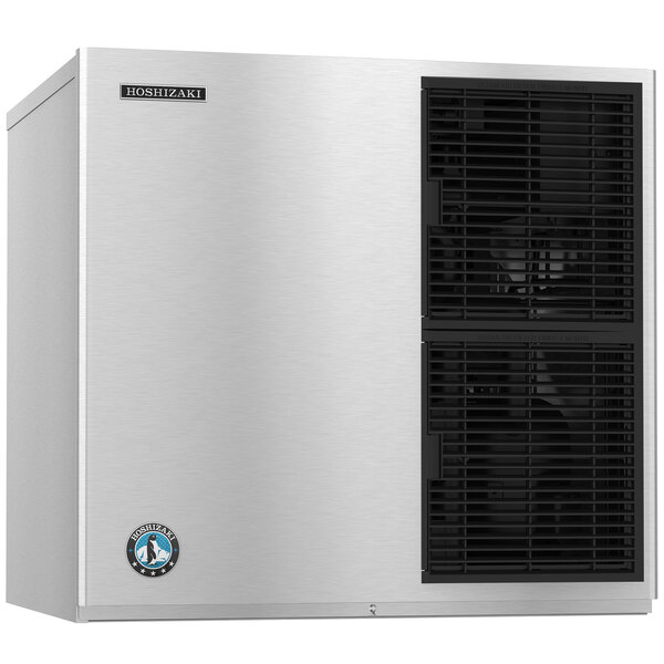 A stainless steel Hoshizaki air cooled ice machine with black and silver accents.