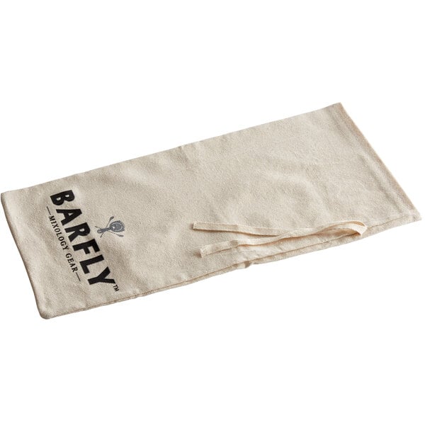 A white cloth Barfly ice bag with black text.