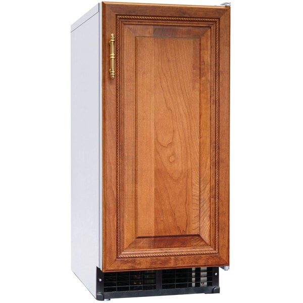 A wooden cabinet with a vent for a Hoshizaki undercounter ice machine.
