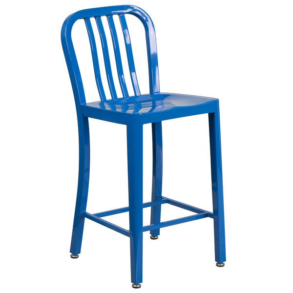 A blue metal Flash Furniture counter height stool with a slat back.