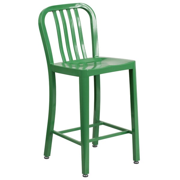 A green Flash Furniture metal counter height stool with a vertical slat back.