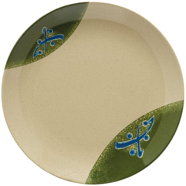 A white GET Japanese Traditional melamine plate with a green and blue design on the wide rim.