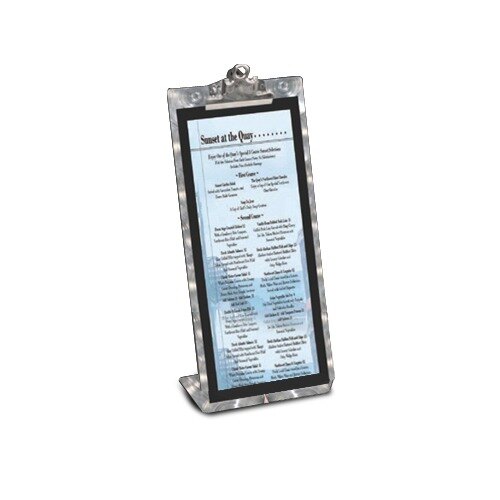 A Menu Solutions aluminum table tent with a swirl finish and clip holding a menu.