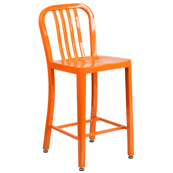 An orange Flash Furniture metal outdoor counter height stool with a vertical slat back.