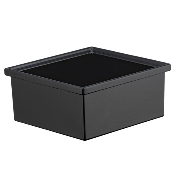 A black Bon Chef 1/6 size food pan with a square top.