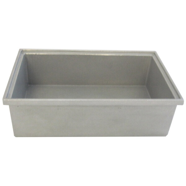A rectangular metal Bon Chef pewter-glo pan with a lid on a white counter.