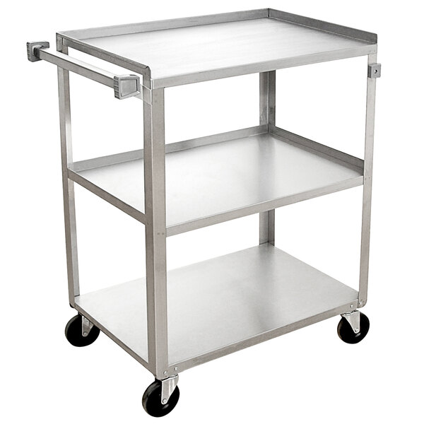 A Channel stainless steel utility cart with three shelves on wheels.