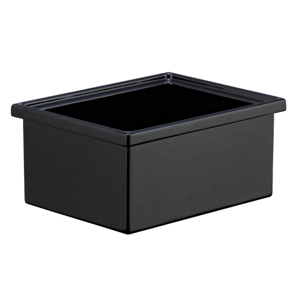 A black Bon Chef rectangular bowl with a lid.