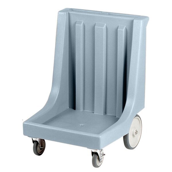 A slate blue Cambro dish and glass rack cart with wheels.