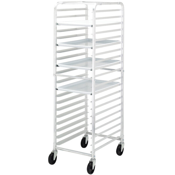A white rolling Channel sheet pan rack with black wheels.