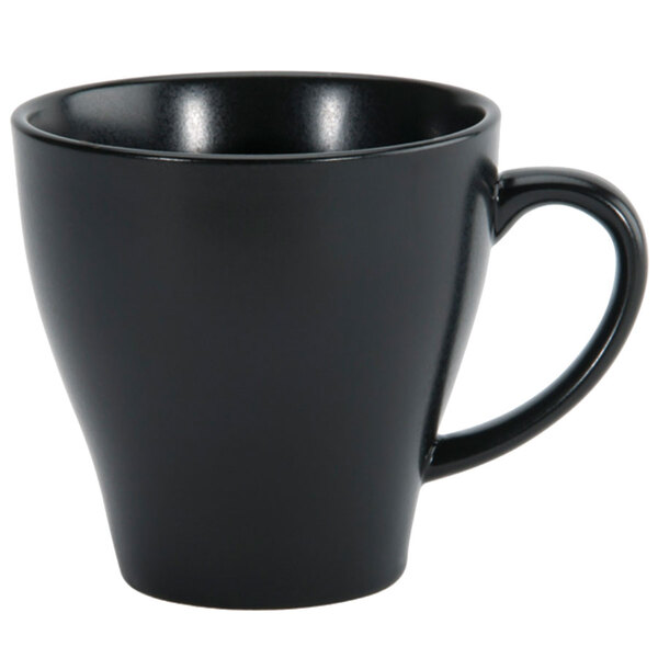 An Oneida Urban black porcelain coffee cup with a handle.