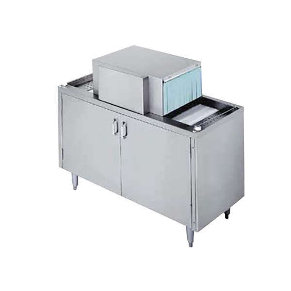 A metal cabinet with a rectangular stainless steel Champion pass-through glass washer inside.