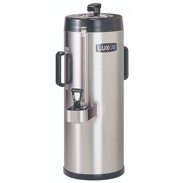 A stainless steel Fetco Luxus coffee dispenser with a black handle.