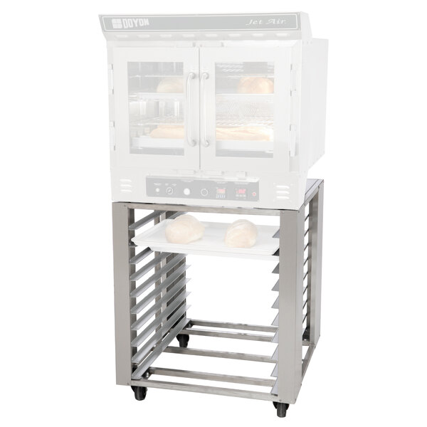 Stainless steel Doyon equipment stand with food on a rack inside a convection oven.