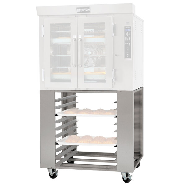 A Doyon stainless steel equipment stand holding two trays of food in a large convection oven.