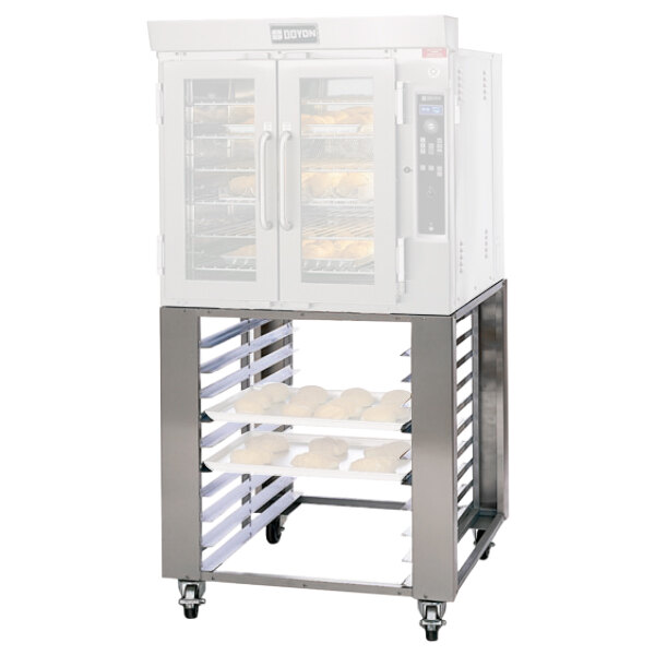 A Doyon stainless steel equipment stand holding a tray of bread in a large convection oven.
