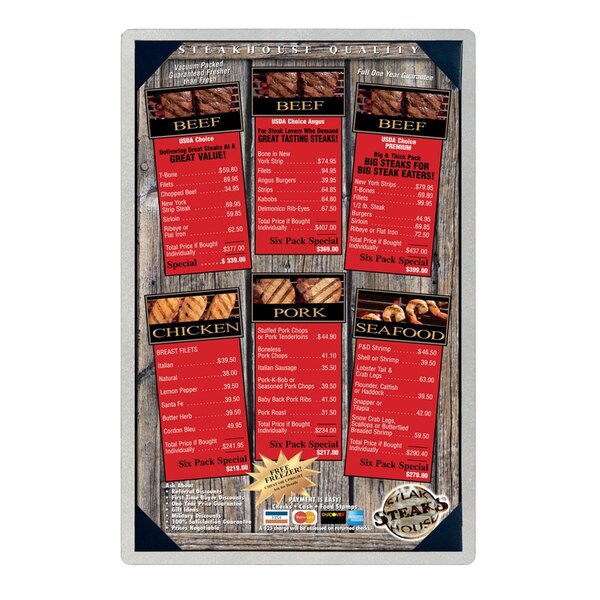 A Menu Solutions brushed aluminum menu board with picture corners holding a red sign with white text for a steakhouse.