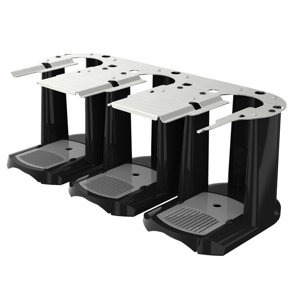 A black plastic and stainless steel Fetco satellite coffee server stand with three black plastic stands.