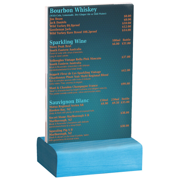 A Menu Solutions clear acrylic table tent with a solid blue wooden base holding a menu.
