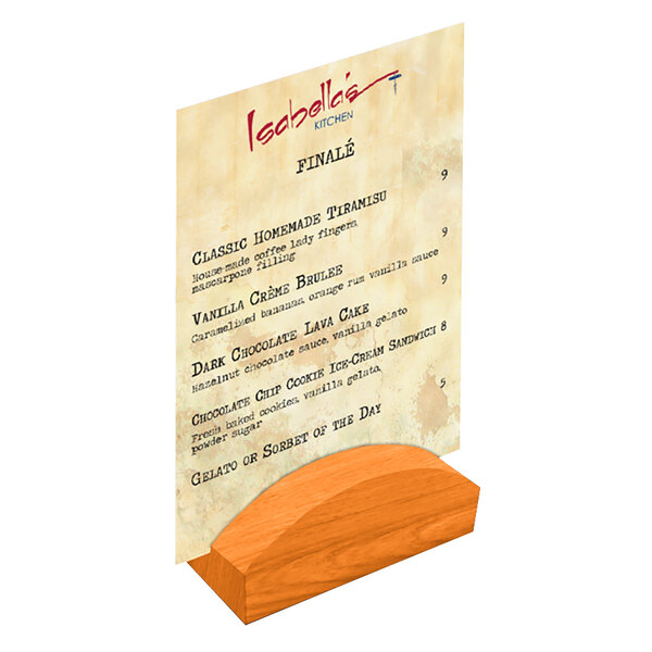 A Menu Solutions wooden rounded card holder on a table holding a menu.