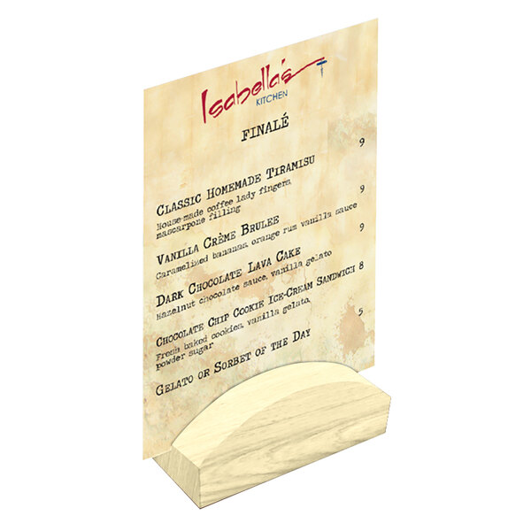 A Menu Solutions natural wood rounded card holder with a paper menu on a table.