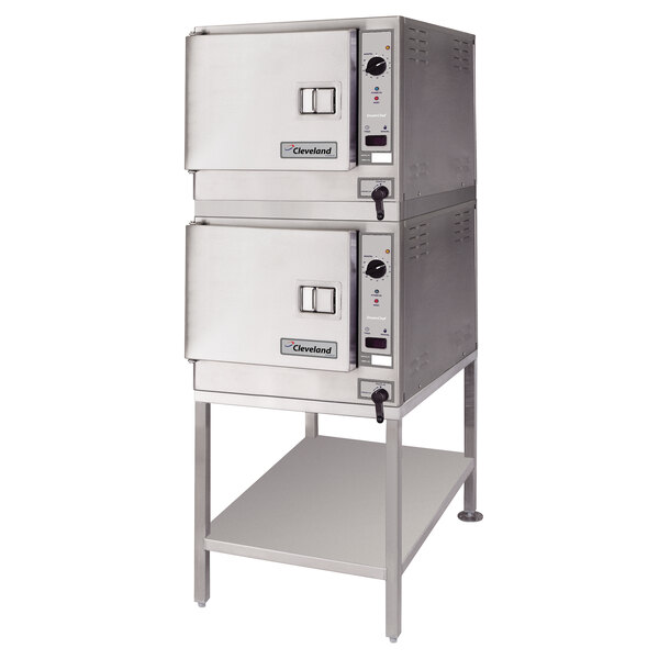 A large stainless steel Cleveland SteamChef double deck steamer.