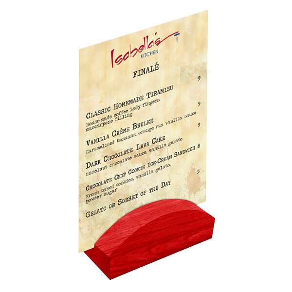 A Menu Solutions berry wood rounded table card holder holding a menu.