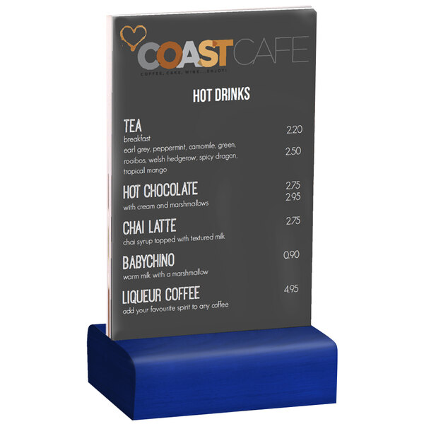 A Menu Solutions clear acrylic table tent with a solid blue wood base holding a restaurant menu.