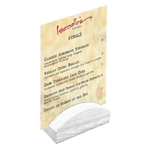 A white wooden Menu Solutions card holder with a menu on a stand.