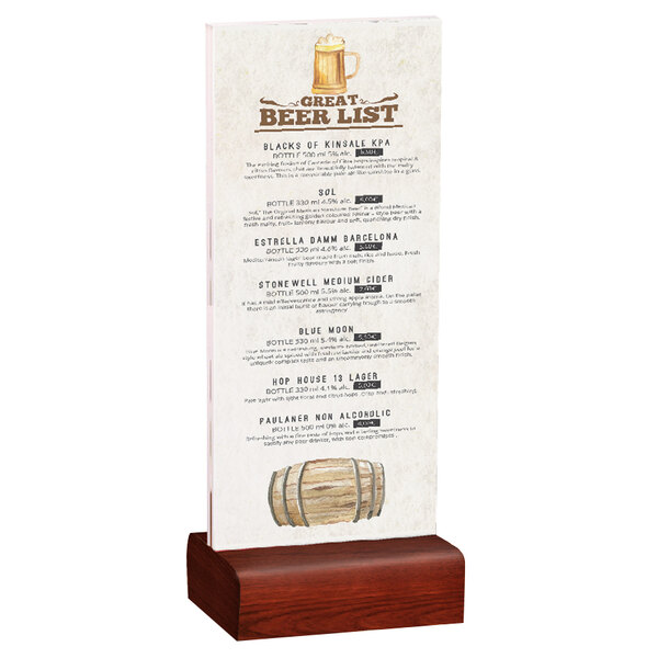 A Menu Solutions clear acrylic table tent with a mahogany wood base displaying a drink menu.