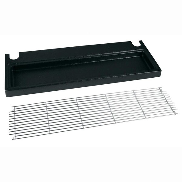 A black rectangular Bunn drip tray with a metal grate.