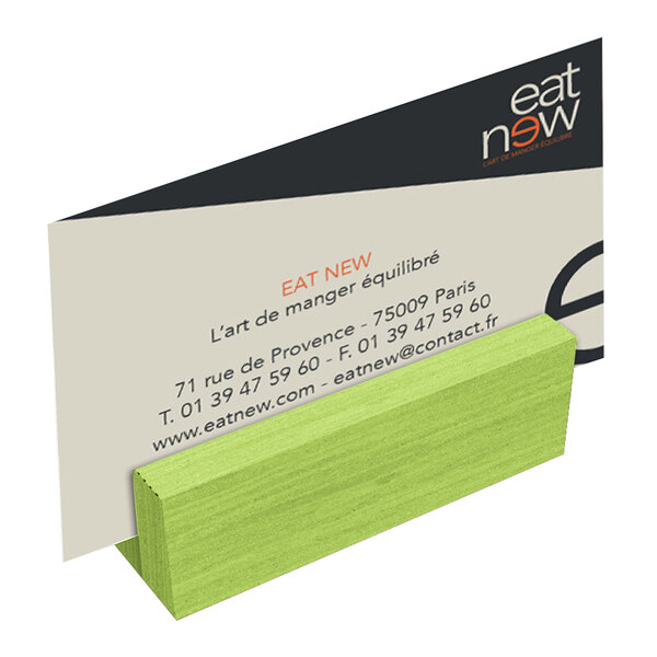 A lime wood mini card holder from Menu Solutions on a white background.