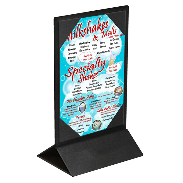 A black Menu Solutions table tent with picture corners holding a menu on a stand.