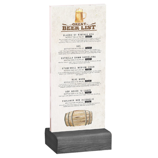 A Menu Solutions clear acrylic table tent with a solid ash wood base holding a drink menu.