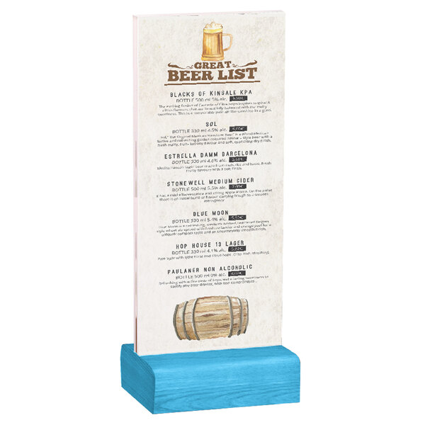 A Menu Solutions clear acrylic table tent with a sky blue wood base holding a drink menu.