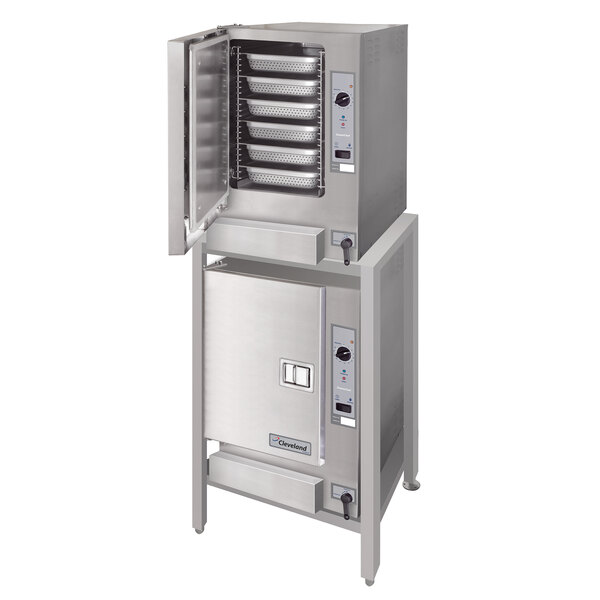 A large stainless steel Cleveland SteamChef 6 double deck electric steamer with two doors open.