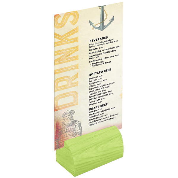 A Menu Solutions curved lime wood table card holder.