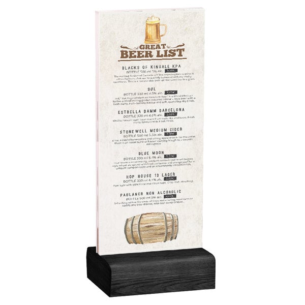 A Menu Solutions clear acrylic table tent with black wood base holding a drink menu on a stand.