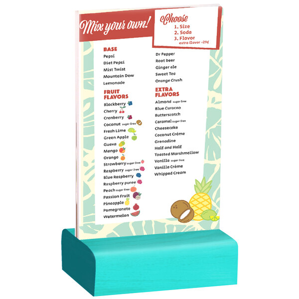A clear acrylic Menu Solutions table tent with a solid washed teal wood base on a counter.